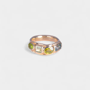 Boogie Wonderland Ring
solid 9 karat yellow gold with all natural stones: emerald cut mint green tourmaline, oval cut sphene, square cut mint green tourmaline, oval cut peridot