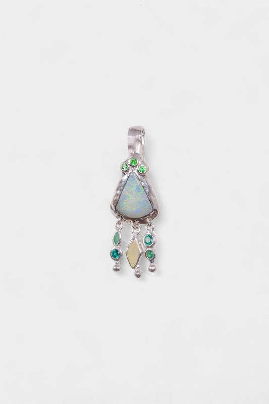 sterling silver pendant with all natural stones: Aussie opal, green CZs, green emeralds, doublet opal